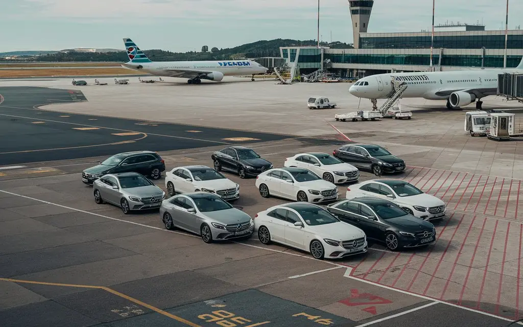 Cars parked beside an airport terminal with aircraft at the gates